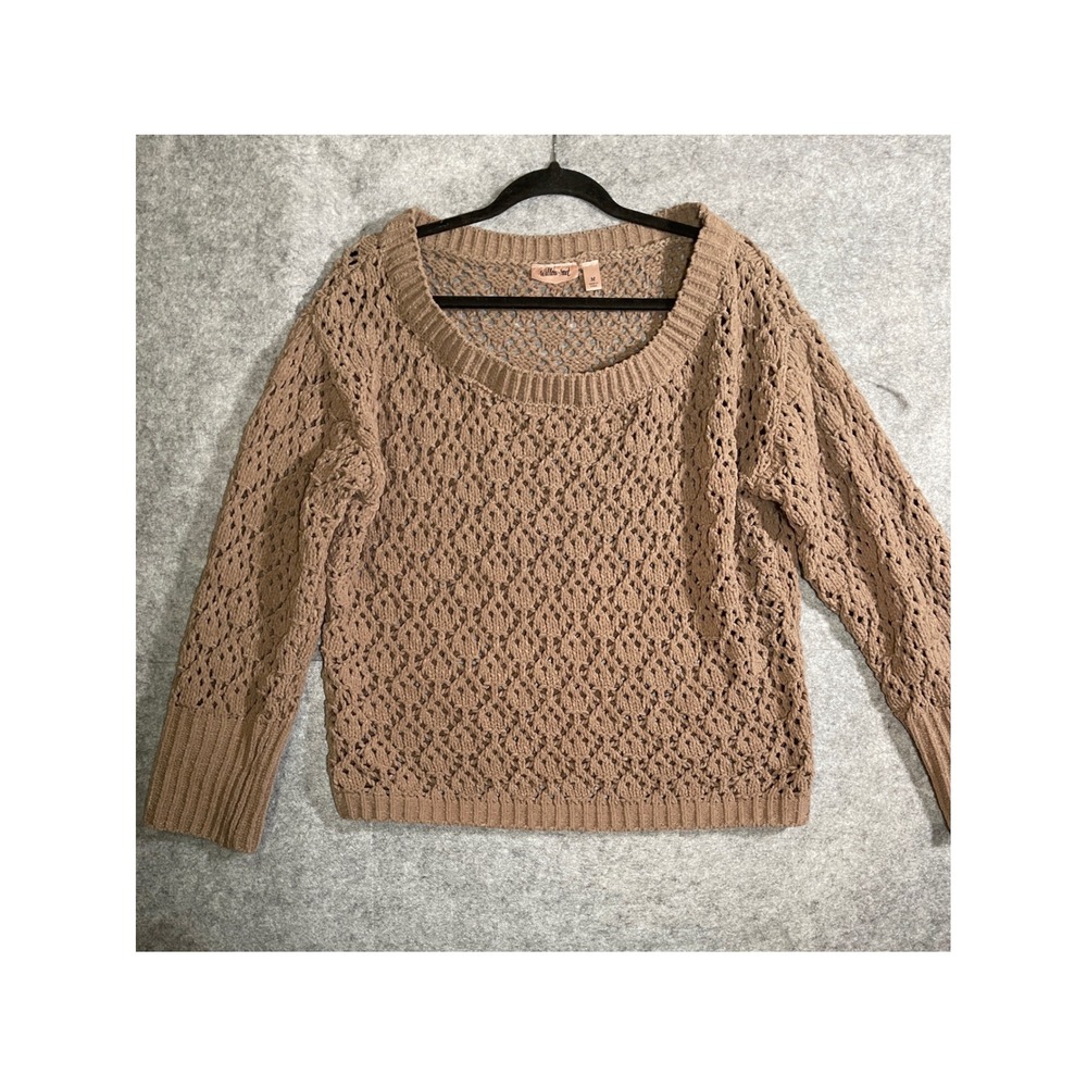 Willow & Root Tan Open Knit Crochet Scoop Neck Pullover Sweater Womens Medium